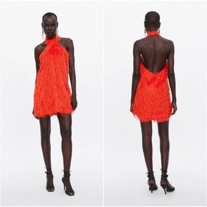 Zara Halter Fringe Mini Dress- Party Dress Bright Red Orange